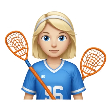 Blonde white with blue eyes lacrosse player holding one lacrosse stick wearing blue and white gear  sticker