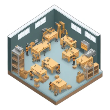 isometric square solid outline border containing indoor creative workshop factory woodworking metalworking people actively working cnc machine tools simple clean industrial makerspace sticker