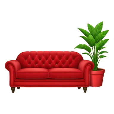 red velvet couch with a mic, houseplants, and karaoke sign sticker