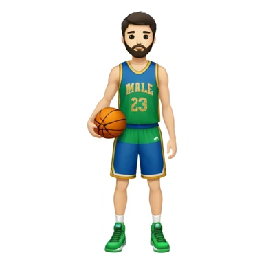 Full Body  white male basketball player with short shaggy dark hair and gold tee beard wearing blue and green uniform sticker