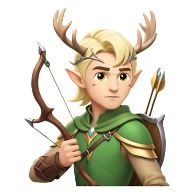 clash-of-clans-aesthetic-blond-male elf-archer-portrait-emoji, rendered in a flat, vector-style with minimal shading and bold holding his bow, simplified shapes, head tilted slightly forward with a determined, focused expression, riding a majestic stag whose antlers glow with mystical energy, set against an ancient, enchanted forest backdrop. sticker