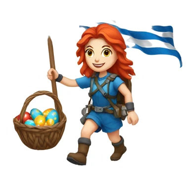 Greek Female winter mountaineer red hair white skin climbing with Greek Flag and Easter eggs basket sticker