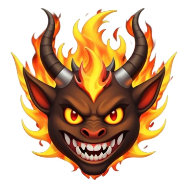 Create a dark-themed emoji of a demonic face with sharp, curved horns, glowing white eyes, an evil grin with large pointed fangs, and abstract flame-like patterns around the face.  sticker