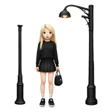 девушка с русыми длинными волосами,  в черной короткой юбке и вязаной черной кофте с дырками, в белых кедах рядом с фонарным столбом sticker