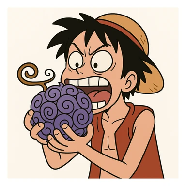 Luffy biting the gum gum fruit, cartoon style, saturated colors, white background sticker