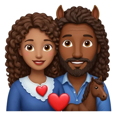 pareja de Mujer morena rizada cabello largo castaño ojos oscuros y hombre piel blanca con caballo oscuro con barba y ojos marron alrededor de la pareja corazones sticker