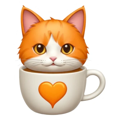anime character cat that is orange cat, that its body is inside of a coffee cup, but head is howing up. coffee cup is white sticker