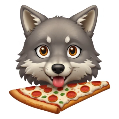 a surprised grey wolf eating a piece of pizza emoji sticker