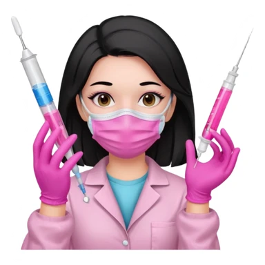 laboratorista con guantes rosa y mascarilla rosa  jeringa tubos  sin lentes pelo lacio negro y largo  sticker