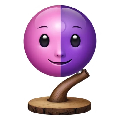A half pink half purple ball with a face wooden stem followed by a glass stem on top of the wood stem tilted 90 degrees sticker