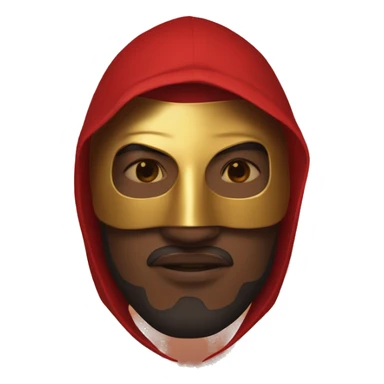 Man with red hooded robe and golden mask sticker