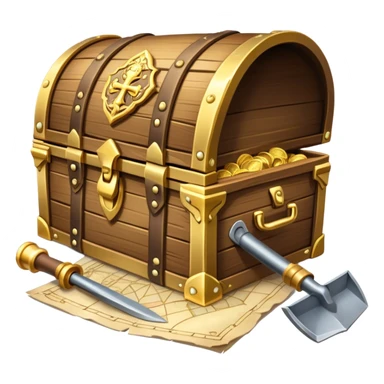 An icon showcasing a treasure chest filled with gold, a treasure map rolled up beside it, a backpack and shovel. The design captures the essence of treasure hunting, exploration, and excitement, set on a transparent background to emphasize the thrill of discovery. sticker