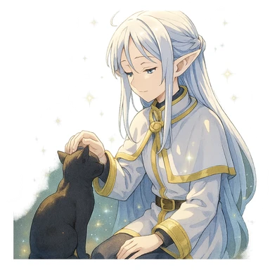 Frieren from Frieren: Beyond Journey's End, petting a black cat, anime style, magical atmosphere sticker