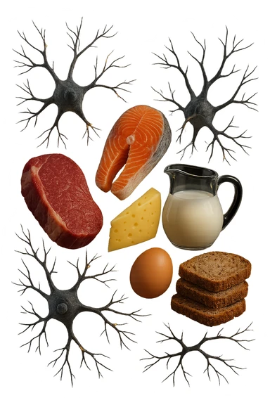 carne, pesce, uova, latticini, cereali integrali fluttuano in aria insieme a neuroni umani anatomici realistici, iperrealistici 4k sticker