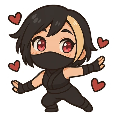 Create a chibi anime style ninja girl dancing to the left. Keep the same face, hair, mask, outfit, and hearts as the reference image. Change the pose so her body and arms are leaning to the left in a cute dance move. Transparent background, sized for Twitch emoji use. This is animation frame 1. sticker