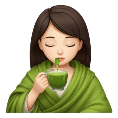 Dark brown hair girl inside a blanket sipping matcha eyes closed sticker