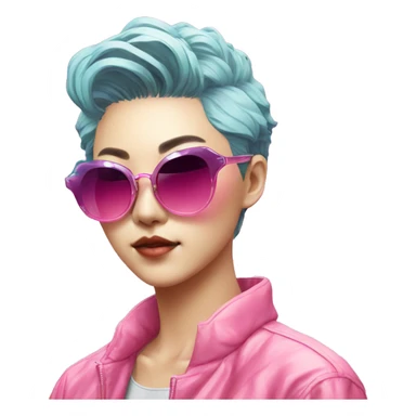 a short-haired Taiwanese lesbian with vaporwave style, sunglasses with vaporwave image on it. sticker