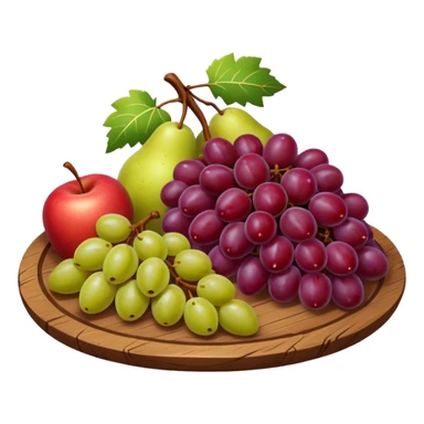 medieval fruit platter object icon, grapes and apples and pears, rustic plate, 3D cartoon, mobile game icon style, clean background, no text, no watermark
 sticker