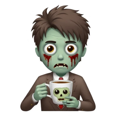 A cute but exhausted office worker character looking like a zombie, holding a giant cup of coffee, dark circles under eyes, messy hair, flat 2D vector art, white background, "Monday Vibes" text. sticker