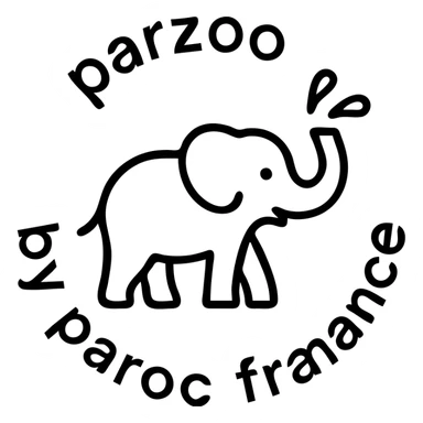 Logo avce un éléphant qui projette de l'eau avec au tour ( en rond ) écris : parzoo by paroc france  sticker