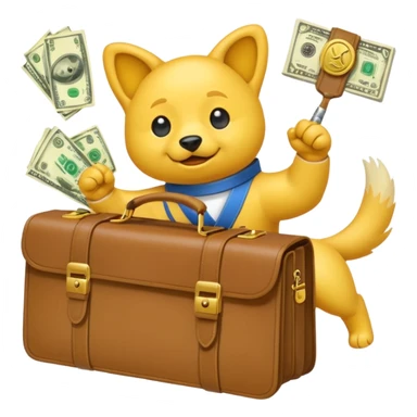 Yellow emoji with karate dogs, a briefcase, money, a phone and a paintbrush flying in its aura sticker