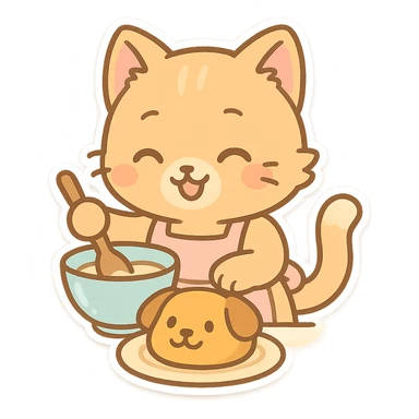 chibi-style cat happily baking a dog cake, pastel colors sticker