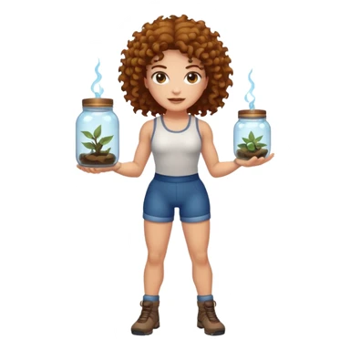 full body woman short curly brown mullet brown eyes white skin muscular build bug catcher spirit with glowing jar sticker