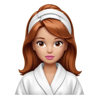 A Barbie face with shoulder-length reddish-brown hair, makeup, a smeared face mask, and a bathrobe. sticker
