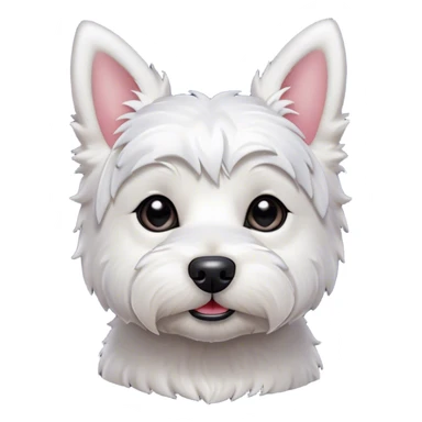 Cinematic Cute West Highland White Terrier Portrait Emoji, Head tilted playfully and inquisitively, featuring a fluffy, immaculate white coat with perky ears, round, sparkling dark eyes filled with curiosity, Simplified yet irresistibly adorable features, highly detailed, glowing with a warm, friendly glow, high shine, affectionate and lively, stylized with a touch of whimsy, bright and endearing, soft glowing outline, capturing the essence of a mischievous yet loving pup, so playful it feels like it could bound out of the screen and into your arms! sticker