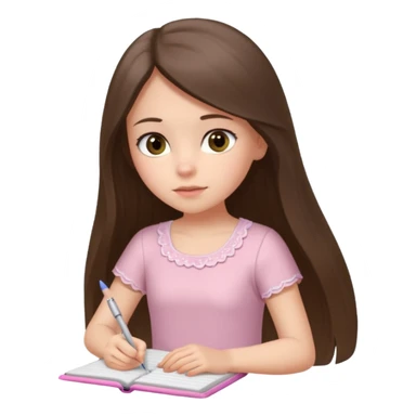 white brunette girl long hair with hazel eyes in a light pink dress writing in a notebook sticker