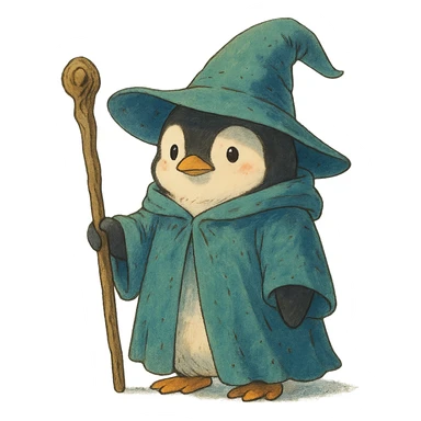 magical atmosphere penguin wizard holding a staff, wearing a wizard hat, ghibli style sticker