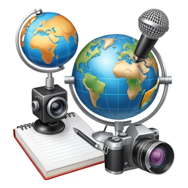An icon showing a microphone, a notepad, and a camera, symbolizing journalism. The design includes a globe in the background, representing global news, and a breaking news banner for emphasis. Transparent background highlights the dynamic world of media and reporting. sticker