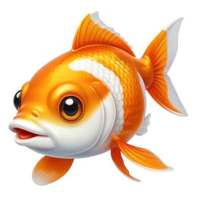 Cinematic Cute Orange and White Goldfish Portrait Emoji, Head tilted playfully and inquisitively, featuring a glossy, vibrant body adorned with a striking mix of orange and white, round, sparkling golden eyes filled with curiosity, Simplified yet irresistibly adorable features, highly detailed, glowing with a warm, friendly glow, high shine, affectionate and lively, stylized with a touch of whimsy, bright and endearing, soft glowing outline, capturing the essence of a mischievous yet loving goldfish, so playful it feels like it could swim out of the screen and into your heart! sticker