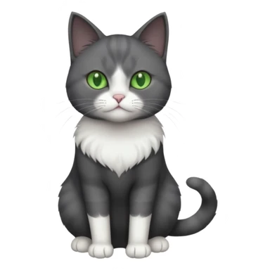 full body view of beautiful female solid dark grey cat with green eyes, white toes and white patch on chest sticker