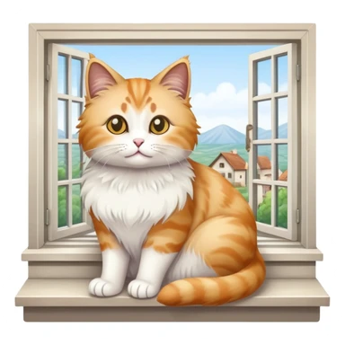 fluffy sprat-colored cat sits on the windowsill in a village house sticker