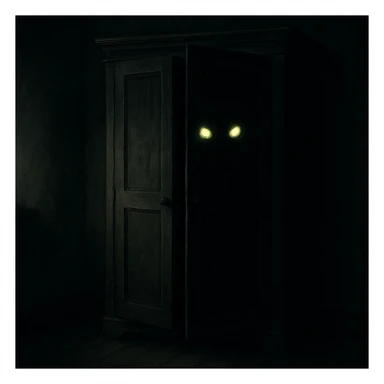 creepy glowing eyes staring from the shadows within a wardrobe, evoking the presence of a boogeyman sticker