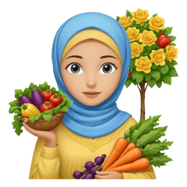 Turkish beautiful finish Konya girl blue eyes with garden design yellow and lila hijabi dress and she had on her hand vegetables  sticker