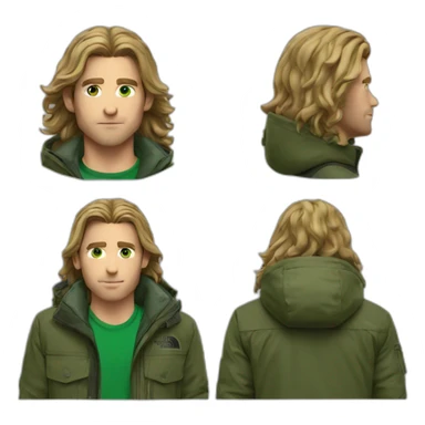Man a long hairs and green eyes and a the north face jacket sticker