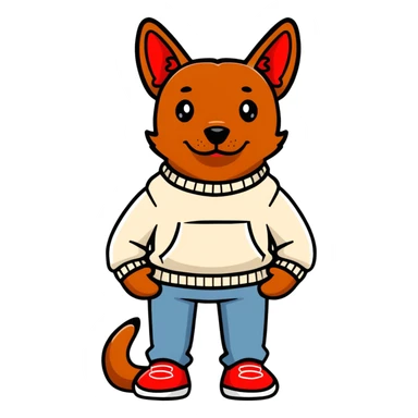 Brown dog standing upright with hands in jean pockets, wearing a white sweater and red shoes sticker