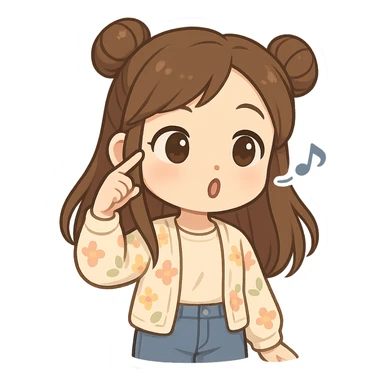 3D chibi style high-quality rendering smooth shadows soft gradients girl with long brown hair styled in two space buns brown eyes wearing jeans pastel floral cardigan thick white outline like a sticker transparent background spinning finger near temple whistling what a fool preserve facial features sticker