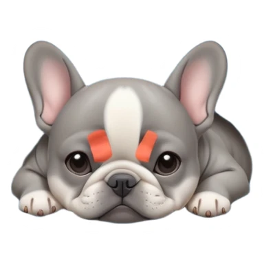 Gray French bulldog puppy sleeping on a pale blue realistic cozy blanket sticker
