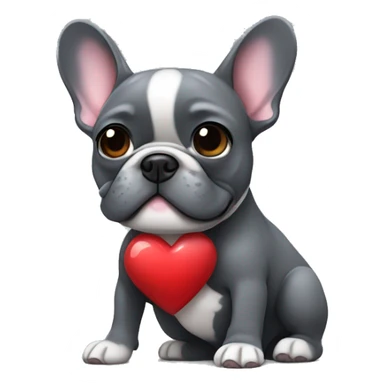 French bulldog dark gray holding a heart sticker