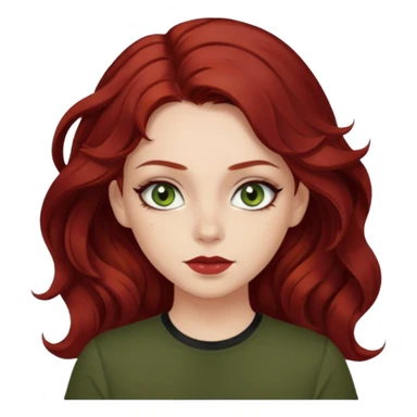 a pretty FAIR bratz girl with wavy dark red hair, wearing a black tee. eyeliner on, olive green eyes.  sticker