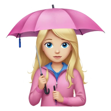 Cinematic realistic emojis in the form of a blonde girl with long hair and blue eyes, dressed in a pink sweater and jeans, holding an umbrella over her from the rain sticker
