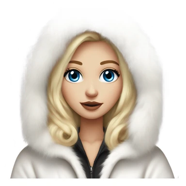 Beautiful Girl with lashes and blue eyes, blonde hair, in a extremely big fluffy oversized white fur coat with hood on. The fur is real and it’s very obvious big and fluffy  sticker