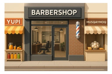 brohouse sartarosh xonasini chizib ber tashqaridan va uning yonida yupi va musqaymoq sotadigan lavkalar bulsin va sartarosh xona sal zamonaviyroq bulsin sticker