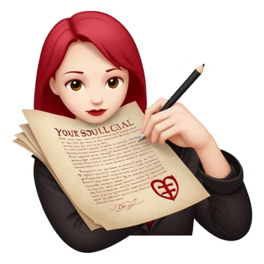 Minimalist emoji-style sticker of a pale hand signing a parchment contract titled “YOUR SOUL” in gothic font, muted red ink, grayscale background sticker