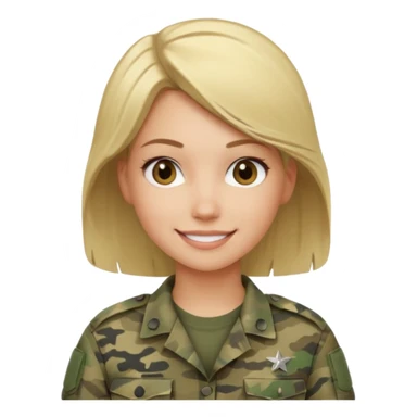 Apple-style emoji: female soldier, bust, no cap/helmet, friendly smile, generic camo top,  black color blonde hair sticker