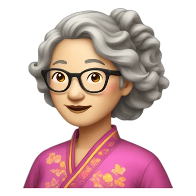 Chinese senior lady with long wavy hair to the shoulder length wear glasses dress colorful Chinese clothes sticker
