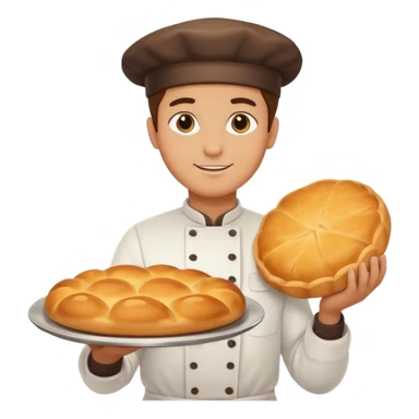 baker holding tray with big bread sticker